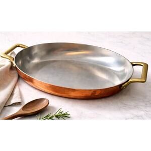 Paul Revere Copper Au Gratin Pan 12" Oval 8019 Brass Handles Vtg Cookware